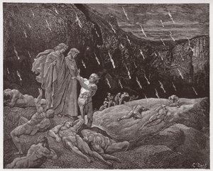 Die Göttliche Komödie, Inferno, Gesang 15: Brunetto Latini spricht Dante an (Illustration von Gustave Doré)