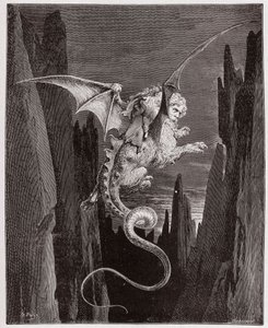Die Göttliche Komödie (La Divina Commedia, La Divine Comedie), Inferno, Gesang 17: Der Abstieg in den Abgrund auf Geryons Rücken - von Dante Alighieri (1265-1321) - Illustration von Gustave Dore (1832-1883)