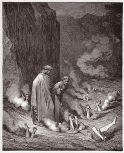 Die Göttliche Komödie, Inferno, Gesang 19: Dante tadelt Papst Nikolaus III. in der vierten Bolgia - von Dante Alighieri (1265-1321) - Illustration von Gustave Doré (1832-1883)