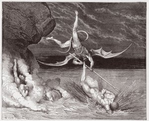 Die Göttliche Komödie, Inferno, Gesang 22: Ciampolo entkommt dem Dämon Alichino in der fünften Bolgia - von Dante Alighieri (1265-1321) - Illustration von Gustave Doré (1832-1883)