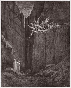 Die Göttliche Komödie, Inferno, Gesang 23: Die Dichter entkommen den Dämonen der fünften Bolgia (Illustration von Gustave Doré)