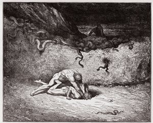 Die Göttliche Komödie, Inferno, Gesang 30: Die Qual der Fälscher in der neunten Bolgia (Gianni Schicchi) (Illustration von Gustave Doré) von Gustave Dore