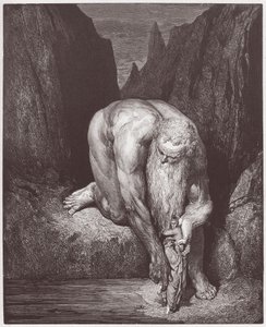 Die Göttliche Komödie, Inferno, Gesang 31: Der Riese Antäus senkt Dante und Virgil in den letzten Kreis (Illustration von Gustave Doré)