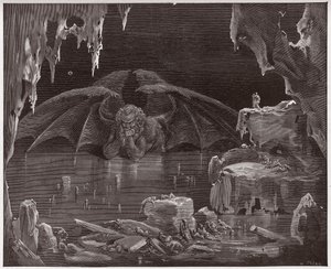 Die Göttliche Komödie, Inferno, Gesang 34: Luzifer, König der Hölle, im Eis gefroren (Illustration von Gustave Doré)