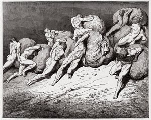 Die Göttliche Komödie, Inferno, Gesang 7: Die Seelen der Geizigen und Verschwender müssen schwere Steine rollen (Illustration von Gustave Doré)