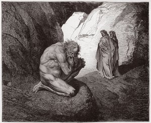 Die Göttliche Komödie (La Divina Commedia), Inferno, Gesang 7: Virgil tadelt Plutus am Eingang zum vierten Kreis - von Dante Alighieri (1265-1321) - Illustration von Gustave Doré (1832-1883)