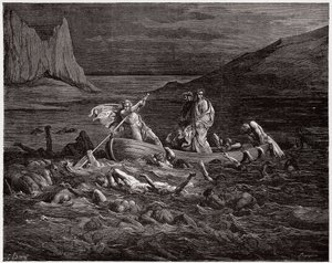 Die Göttliche Komödie, Inferno, Gesang 8: Phlegyas setzt Dante und Virgil über den Styx (Illustration von Gustave Doré) von Gustave Dore