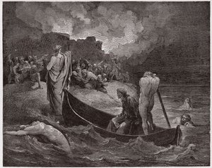 Die Göttliche Komödie (La Divina Commedia), Inferno, Gesang 8: Virgil und Dante landen an der Zitadelle von Dis - von Dante Alighieri (1265-1321) - Illustration von Gustave Doré (1832-1883) von Gustave Dore