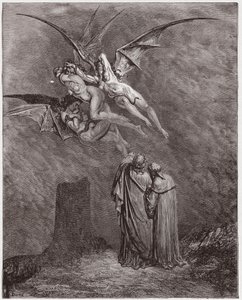 Die Göttliche Komödie (La Divina Commedia, La Divine Comedie), Inferno, Gesang 9: Die abscheulichen Erinyes: Megaera, Tisphone, Alecto - von Dante Alighieri (1265-1321) - Illustration von Gustave Dore (1832-1883)