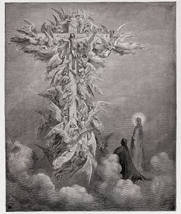 Die Göttliche Komödie, Paradiso, Gesang 14: Dante und Beatrice sehen die Engel mit Christus am Kreuz (Illustration von Gustave Doré)