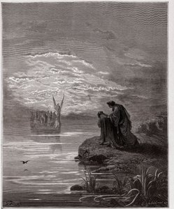 Die Göttliche Komödie, Purgatorio, Gesang 2: Dante verneigt sich vor dem Engelspiloten (Illustration von Gustave Doré) von Gustave Dore