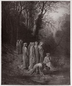 Die Göttliche Komödie, Purgatorio, Gesang 33: Dante trinkt aus dem Fluss Eunoe - von Dante Alighieri (1265-1321) - Illustration von Gustave Doré (1832-1883)