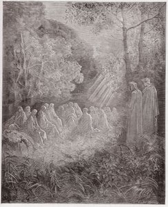 Die Göttliche Komödie, Purgatorio, Gesang 7: Die Geister singen Salve Regina im Tal (Illustration von Gustave Doré)