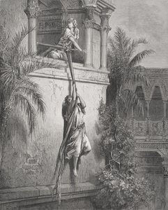 Die Flucht Davids durch das Fenster, Illustration aus Dore