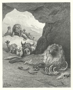 Die Fabeln von La Fontaine: Der kranke Löwe und der Fuchs (Gravur) von Gustave Dore