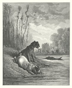 Die Fabeln von La Fontaine: Die zwei Hunde und der tote Esel (Gravur) von Gustave Dore