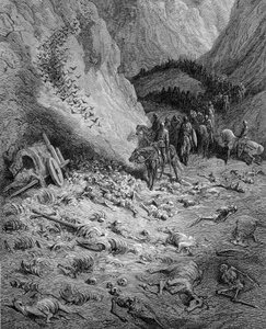 Die Vorhut: Armee der Kreuzfahrer trifft auf die Toten der vorherigen Welle der Kreuzfahrer - Gravur von Gustave Doré