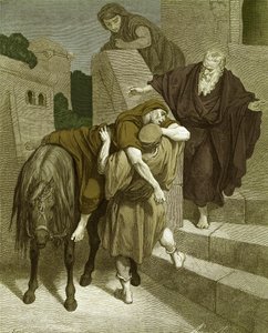 Der barmherzige Samariter im Gasthaus, von Doré - Bibel von Gustave Dore
