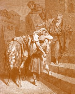 Der barmherzige Samariter im Gasthaus, von Doré - Bibel von Gustave Dore