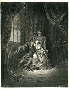 Die Hölle von Dante Alighieri (Die Göttliche Komödie) illustriert von Gustave Doré. Französische Ausgabe von 1861. Francesca da Rimini und ihr Liebhaber: „Quel giorno più non vi leggemo avante.“ (An diesem Tag lasen wir nicht weiter), Gesang 5, Vers 138 von Gustave Dore
