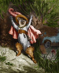 Der gestiefelte Kater ruft um Hilfe. Gravur von Gustave Doré (1832-1883) aus „Die Märchen“ von Charles Perrault (1628-1703)