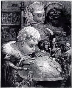 Die Erziehung des Gargantua: der Riese, Kind, studiert mit seinen Lehrern einen Globus, unter den Augen seiner Eltern