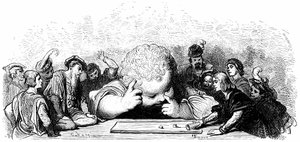 Die Erziehung des Kindes Gargantua: Er lernt, die Würfel zu spielen. Illustration von Gustave Doré für das Werk von François Rabelais.