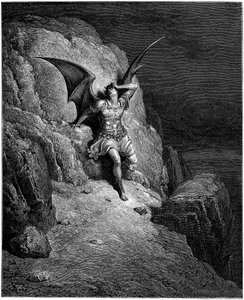 Der Sturz des Engels Luzifer (Satan, gefallener Engel, fiel vom Himmel zur Erde). Illustration von Gustave Doré für „Das verlorene Paradies“ von John Milton (1608-1674). Gravur von 1866. Private Sammlung