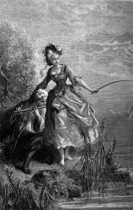 Der Fisch und der Hirte, der Flöte spielt. Der Klang der Flöte dient als Köder. Fabeln von Jean de La Fontaine (1621-1695). Illustration von Gustave Doré