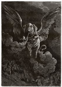 Das fliegende Schwein hinterlässt eine Gaswolke durch seine Blähungen von Gustave Dore