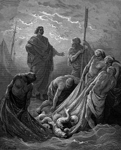 Der wunderbare Fischfang. Lukas: 5:6. Aus Gustave Dorés illustrierter Bibel 1865 von Gustave Dore