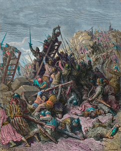 Die Belagerung von Ptolemais während des Dritten Kreuzzugs 1189 - Gravur von Gustave Doré aus „Geschichte der Kreuzzüge“ von Joseph-François Michaud von Gustave Dore