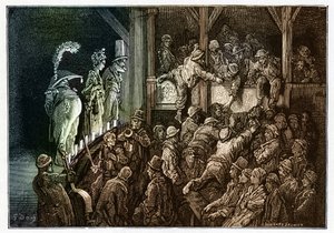 Theater: das Publikum während einer Theateraufführung. Farbige Gravur aus „London, eine Pilgerreise“ illustriert von Gustave Doré von Gustave Dore