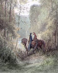Sie verloren sich unter Hainen, die wie ein Blumenparadies schienen (Guenièvre und Lancelot) - in „Guenièvre“ von Alfred Tennyson, ill. von Gustave Doré, Paris, Librairie Hachette et Cie