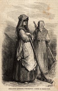 Die Nachleser von Estremadura, mit ihren großen Holzrechen, um den Teil der Ernte aufzusammeln, der nach der Ernte auf den Feldern vergessen wurde. Gravur zur Illustration der Reise nach Spanien von Gustave Dore und Baron Ch. Davillier