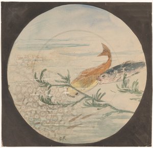 Entwurf für einen Teller mit einem gelben und einem blauen, nach unten schwimmenden Fisch