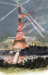 Eiffelturm beleuchtet während der Weltausstellung in Paris 1889 Zeichnung von Gustave Fraipont (1849-1923) aus „La Seine à travers Paris“ von Saint-Juirs