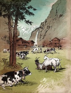 Bauernhof und Landschaft in den Schweizer Alpen, ca. 1910 (Illustration)