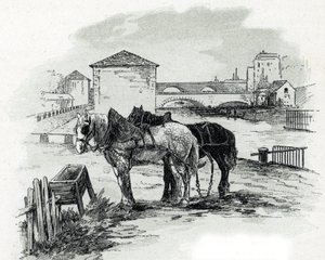 Zugpferde, Quai de la Gironde, Villette (Zugpferde für die Boote des Canal Saint-Denis, Quai de la Gironde, Villette Paris) Zeichnung von Gustave Fraipont (1849-1923) aus Saint-Juirs