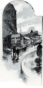 Ansicht der Trödler an der Ecke der Rue de la Bucherie in Paris (Second-Hand-Läden in der Rue de la Bucherie, Paris) Zeichnung von Gustave Fraipont (1849-1923) aus „La Seine à travers Paris“ von Saint-Juirs von Gustave Fraipont