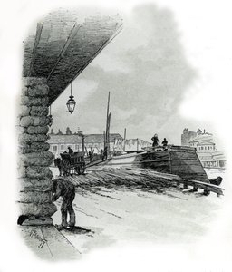 Ansicht der Lagerhäuser des Hafens von La Villette in Paris (Bootshäuser und Schuppen des Hafens von La Villette, Paris) Zeichnung von Gustave Fraipont (1849-1923) aus „La Seine à travers Paris“ von Saint-Juirs