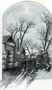 Ansicht des Lagerhauses der Rue de Sauternes, Bercy, Paris (Ansicht des Lagerhauses der Rue de Sauternes, Bercy, Paris) Zeichnung von Gustave Fraipont (1849-1923) aus „La Seine à travers Paris“ von Saint-Juirs