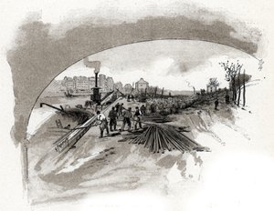 Entladung von Eisen am Quai Saint-Bernard in Paris (Eisenblöcke, die von den Dockarbeitern am Ufer der Seine am Quai Saint-Bernard in Paris entladen werden) Zeichnung von Gustave Fraipont (1849-1923) aus „La Seine à travers Paris“ von Saint-Juirs
