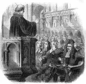 Peter I. der Große (1672-1725), russischer Zar, trägt sein Haar auf der Bürgermeisterperücke während eines Besuchs in einer niederländischen Kirche im Jahr 1716. Gravur von Gustave Janet von Gustave Janet