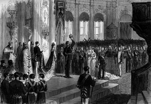 Russischer Zar Alexander III. (1845-1894) setzt sich bei der Krönungszeremonie in der Kapelle des Winterpalastes von St. Petersburg die Krone auf