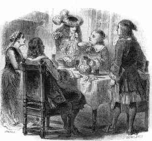 Russischer Zar Peter der Große (1672-1725), untergebracht in Frankreich bei der Familie Kalf, beobachtet die Diskussion zwischen seinem Gastgeber und einem Betrunkenen, dem Marquis de Bernardini. Gravur von Gustave Janet von Gustave Janet