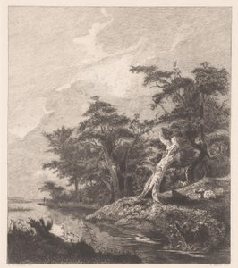 Flusslandschaft mit ruhendem Hirten bei einem Baumstumpf von Gustave Marie Greux