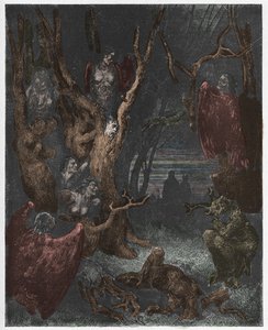 Inferno, Gesang 13: Die Harpyien im Wald der Selbstmörder (Illustration aus Die Göttliche Komödie von Dante Alighieri, 1885)