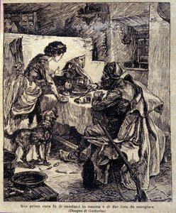 Seine erste Sorge war, sie in die Küche zu bringen und zu füttern... Illustration aus der neuen „Colomba“ von Prosper Merimee. Gravur von Gustavino (Gustavo Rosso) (1881-1950), ca. 1915