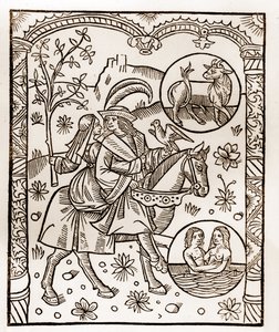 Hirtenkalender - Die Arbeiten der Monate - Mai - Holzschnitt aus dem Buch von 1496, gedruckt von Guy Marchant (Guido Mercator) in Troyes - Holzgravur in „Le grand Calendrier et compost des shepherds“ von Guy Marchant